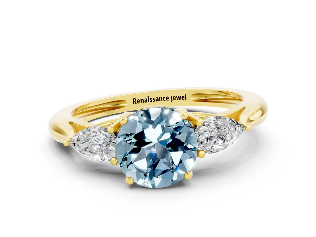 Yellow gold Three-Stone Round Cut Aquamarine Ring with Pear  Side Stones in Four-Prong Setting_12