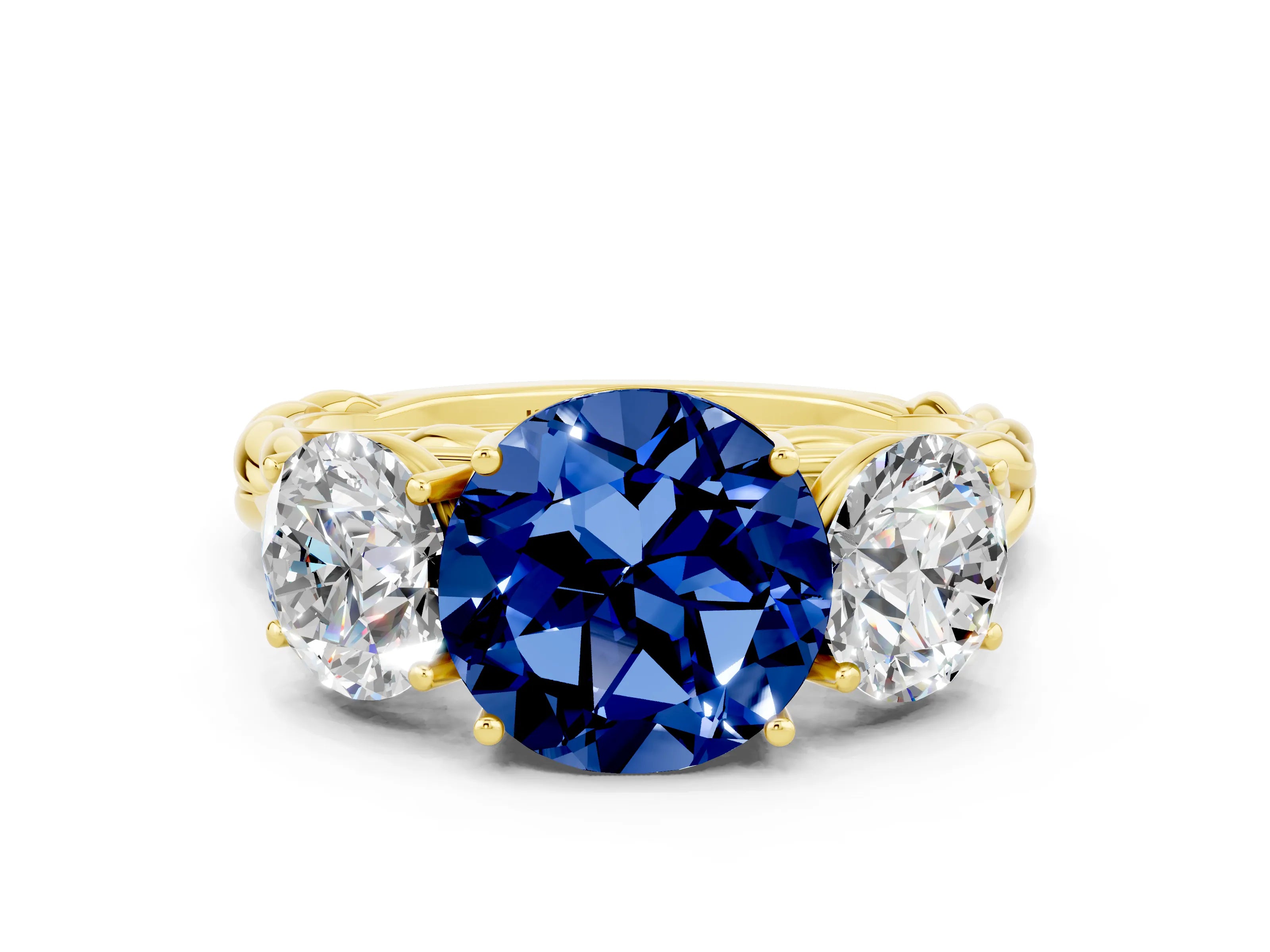 Yellow gold Three-Stone Round Cut Blue Sapphire Braided Band Ring with Four-Prong Setting_12