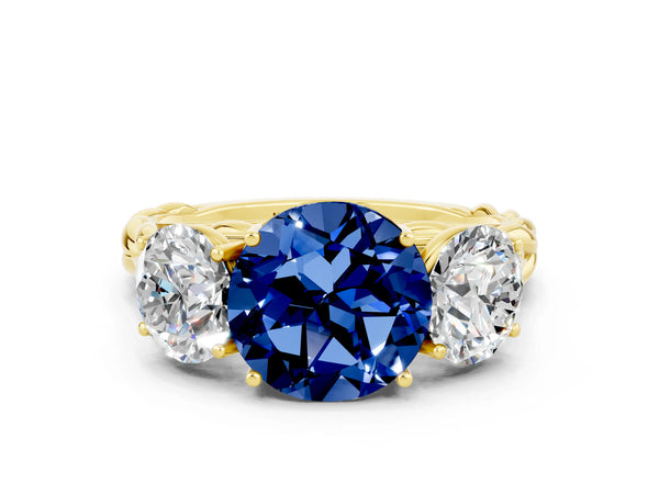 Yellow gold Three-Stone Round Cut Blue Sapphire Braided Band Ring with Four-Prong Setting