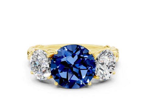 Yellow gold Three-Stone Round Cut Blue Sapphire Braided Band Ring with Four-Prong Setting_12