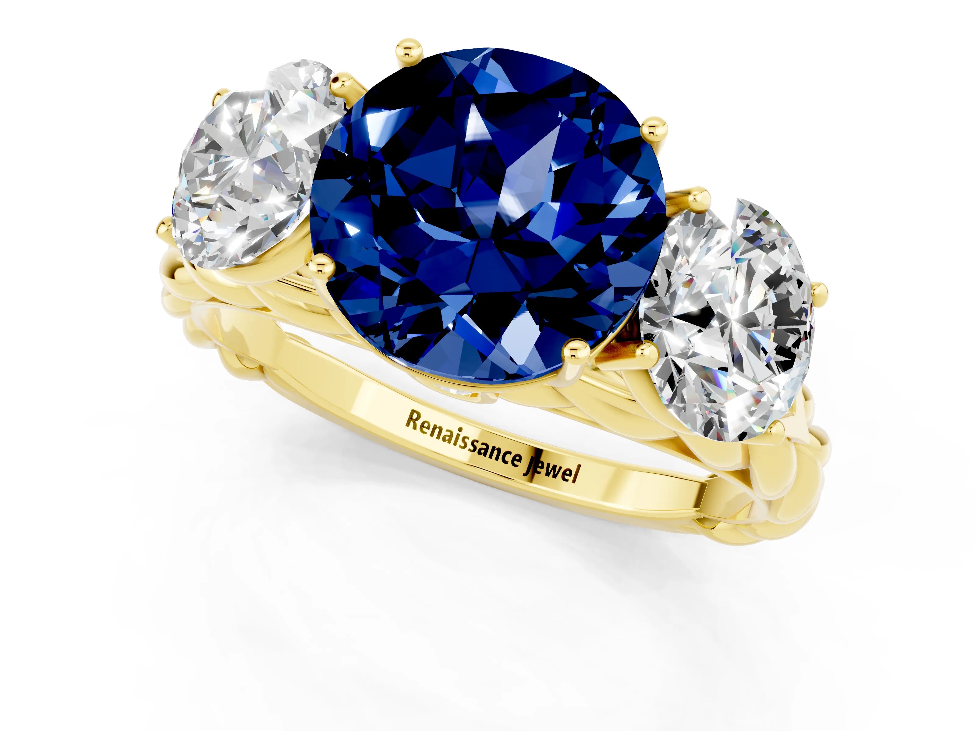 Yellow gold Three-Stone Round Cut Blue Sapphire Braided Band Ring with Four-Prong Setting_13