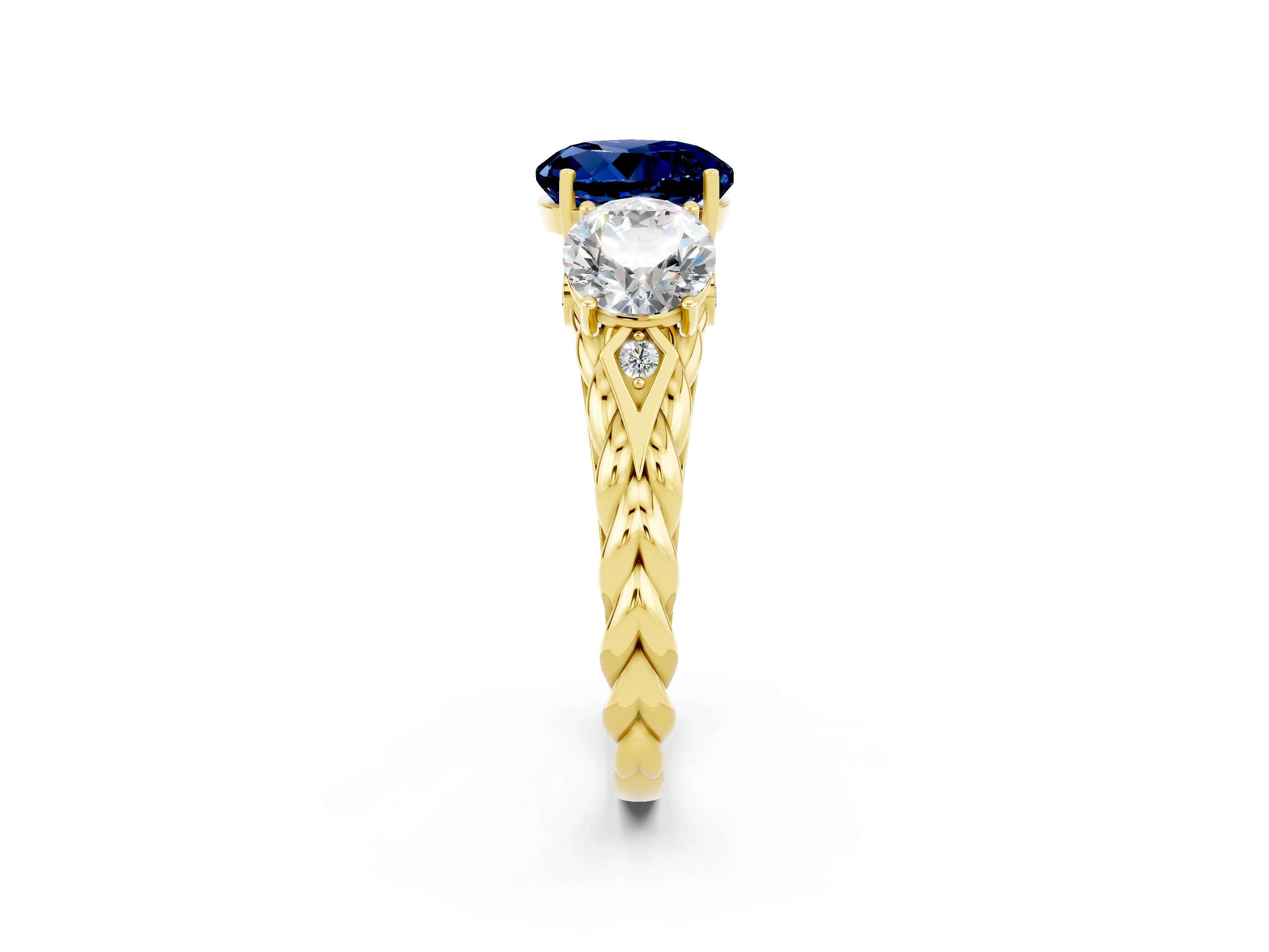 Yellow gold Three-Stone Round Cut Blue Sapphire Braided Band Ring with Four-Prong Setting_14