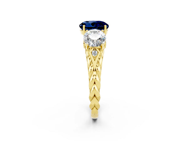 Yellow gold Three-Stone Round Cut Blue Sapphire Braided Band Ring with Four-Prong Setting