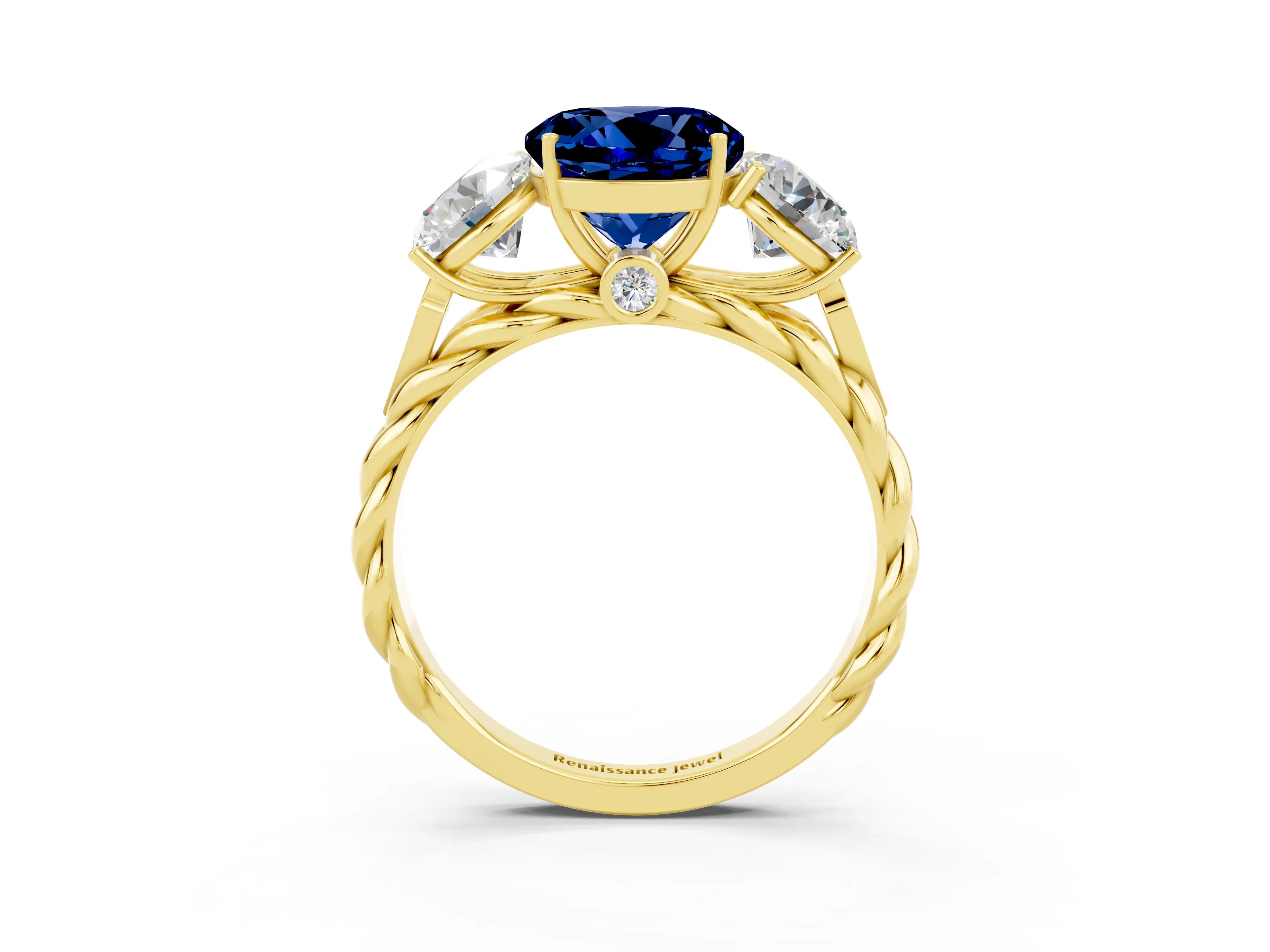 Yellow gold Three-Stone Round Cut Blue Sapphire Braided Band Ring with Four-Prong Setting_15