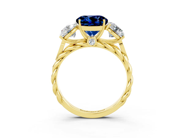Yellow gold Three-Stone Round Cut Blue Sapphire Braided Band Ring with Four-Prong Setting