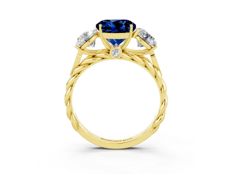 Yellow gold Three-Stone Round Cut Blue Sapphire Braided Band Ring with Four-Prong Setting_15