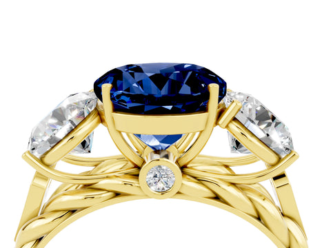 Yellow gold Three-Stone Round Cut Blue Sapphire Braided Band Ring with Four-Prong Setting_16