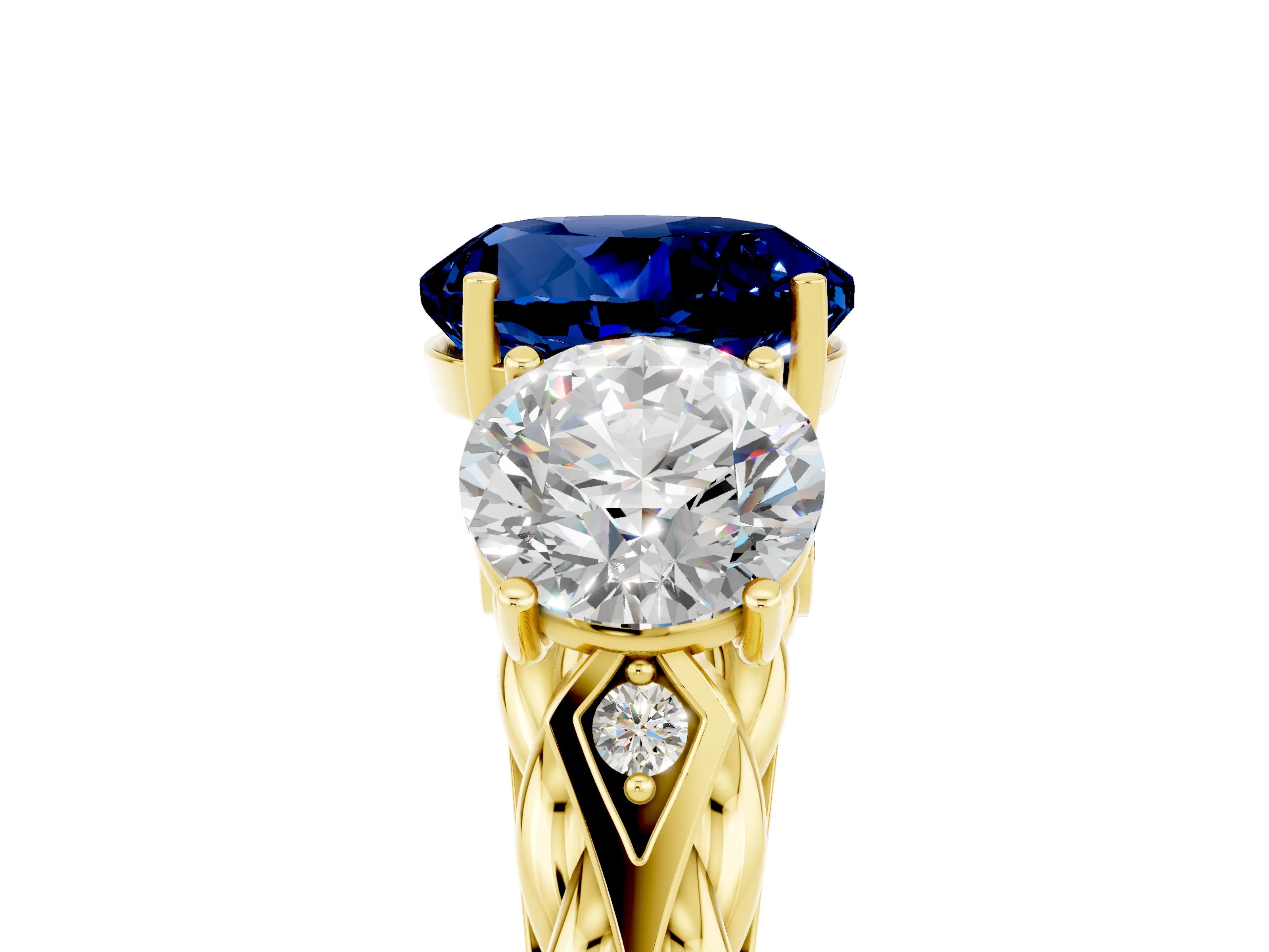 Yellow gold Three-Stone Round Cut Blue Sapphire Braided Band Ring with Four-Prong Setting_17