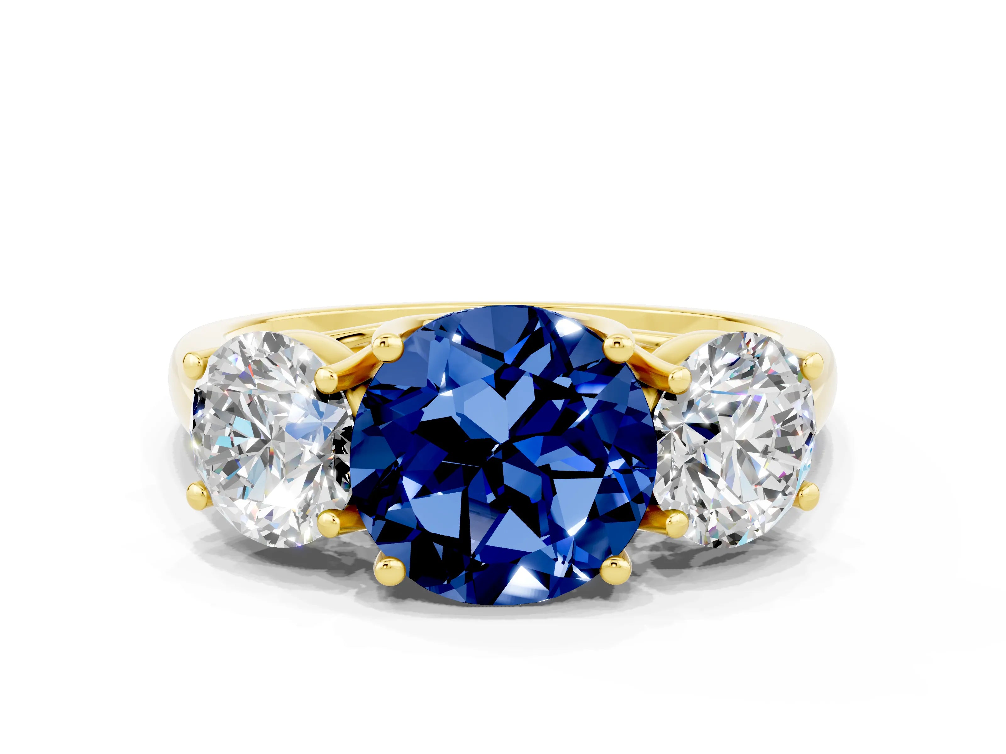 Yellow gold Three-Stone Round Cut Blue Sapphire Engagement Ring with Prong Setting