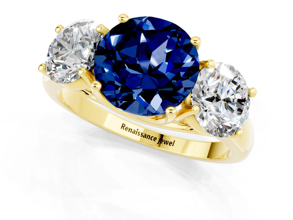 Yellow gold Three-Stone Round Cut Blue Sapphire Engagement Ring with Prong Setting