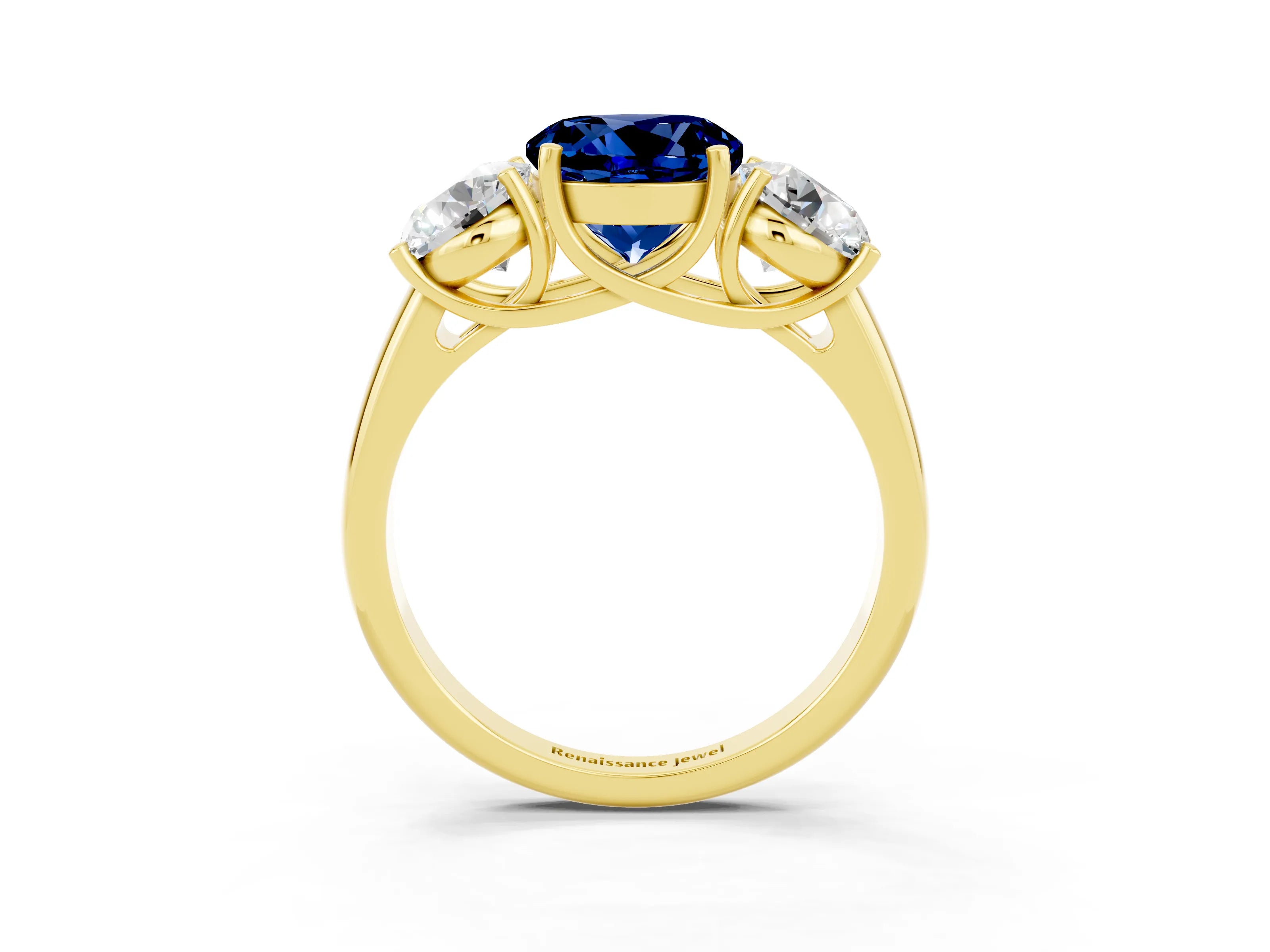 Yellow gold Three-Stone Round Cut Blue Sapphire Engagement Ring with Prong Setting_3