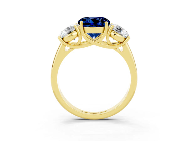 Yellow gold Three-Stone Round Cut Blue Sapphire Engagement Ring with Prong Setting