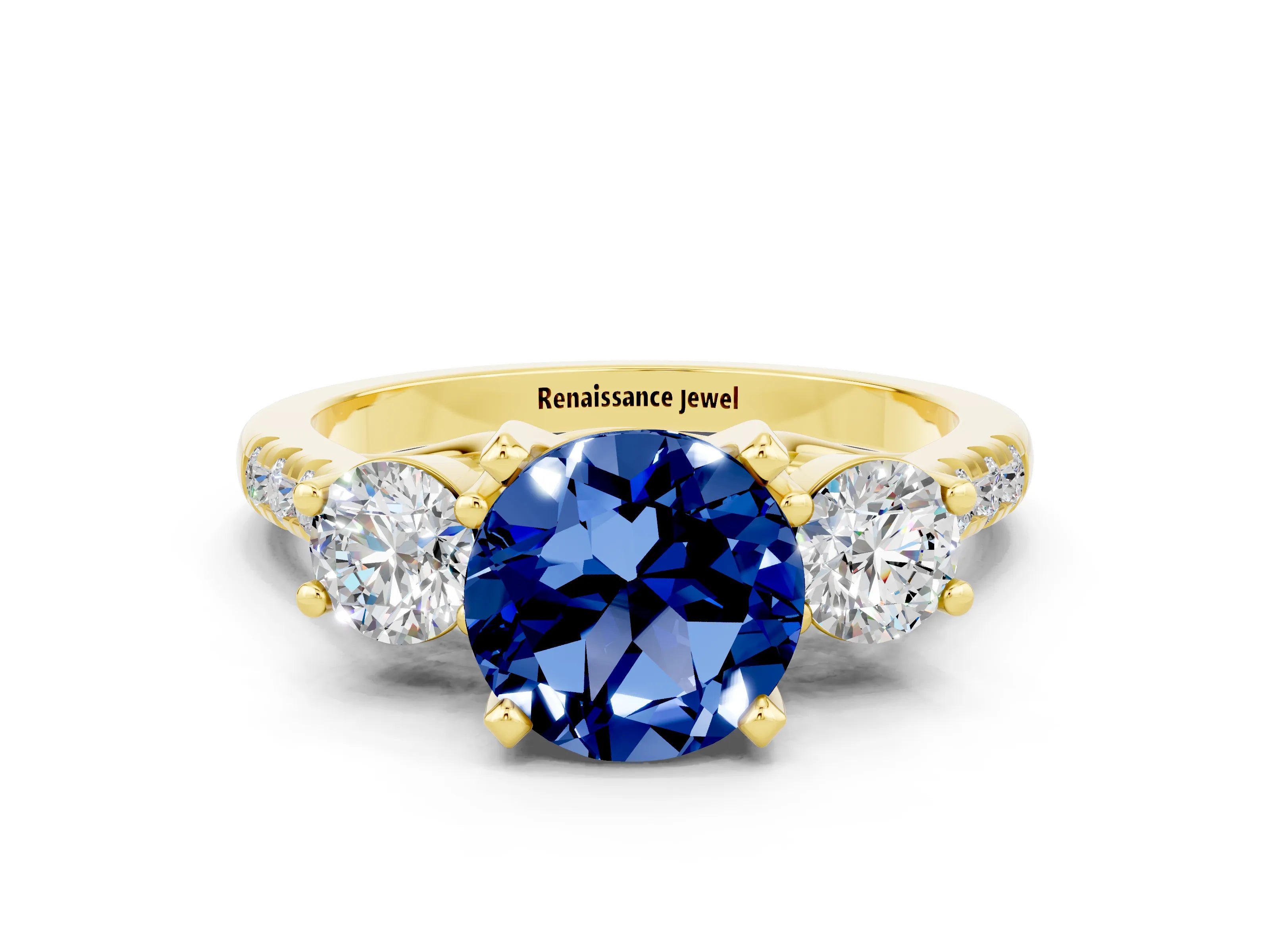 Yellow gold Three-Stone Round Cut Blue Sapphire Pavé Band with Four-Prong Setting