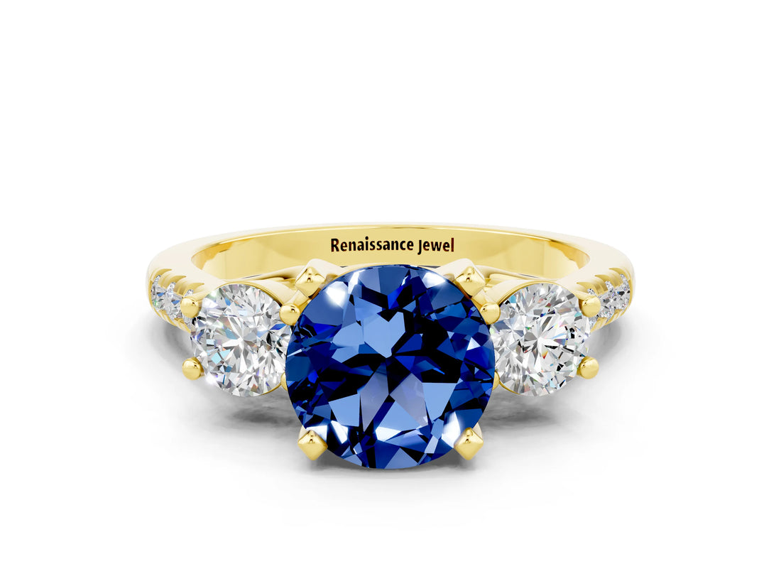 Yellow gold Three-Stone Round Cut Blue Sapphire Pavé Band with Four-Prong Setting