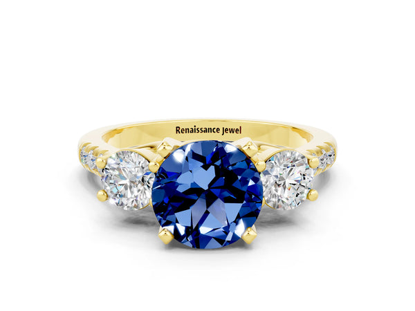 Yellow gold Three-Stone Round Cut Blue Sapphire Pavé Band with Four-Prong Setting