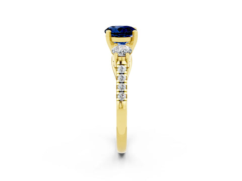 Yellow gold Three-Stone Round Cut Blue Sapphire Pavé Band with Four-Prong Setting_2