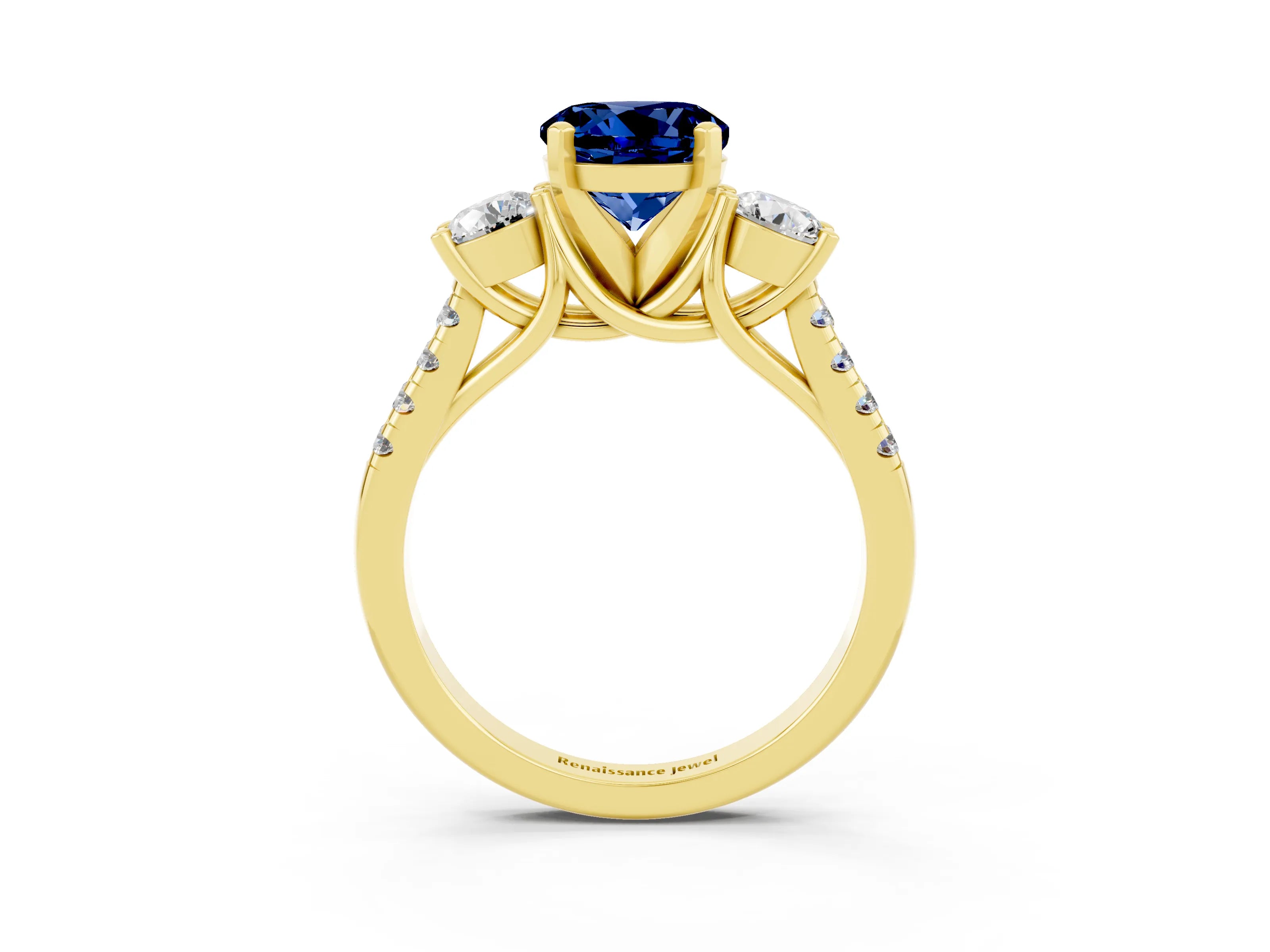 Yellow gold Three-Stone Round Cut Blue Sapphire Pavé Band with Four-Prong Setting_3