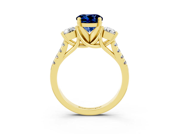 Yellow gold Three-Stone Round Cut Blue Sapphire Pavé Band with Four-Prong Setting
