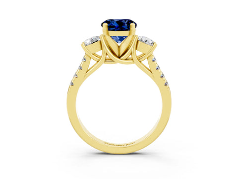 Yellow gold Three-Stone Round Cut Blue Sapphire Pavé Band with Four-Prong Setting_3