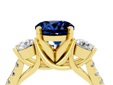 Yellow gold Three-Stone Round Cut Blue Sapphire Pavé Band with Four-Prong Setting_4