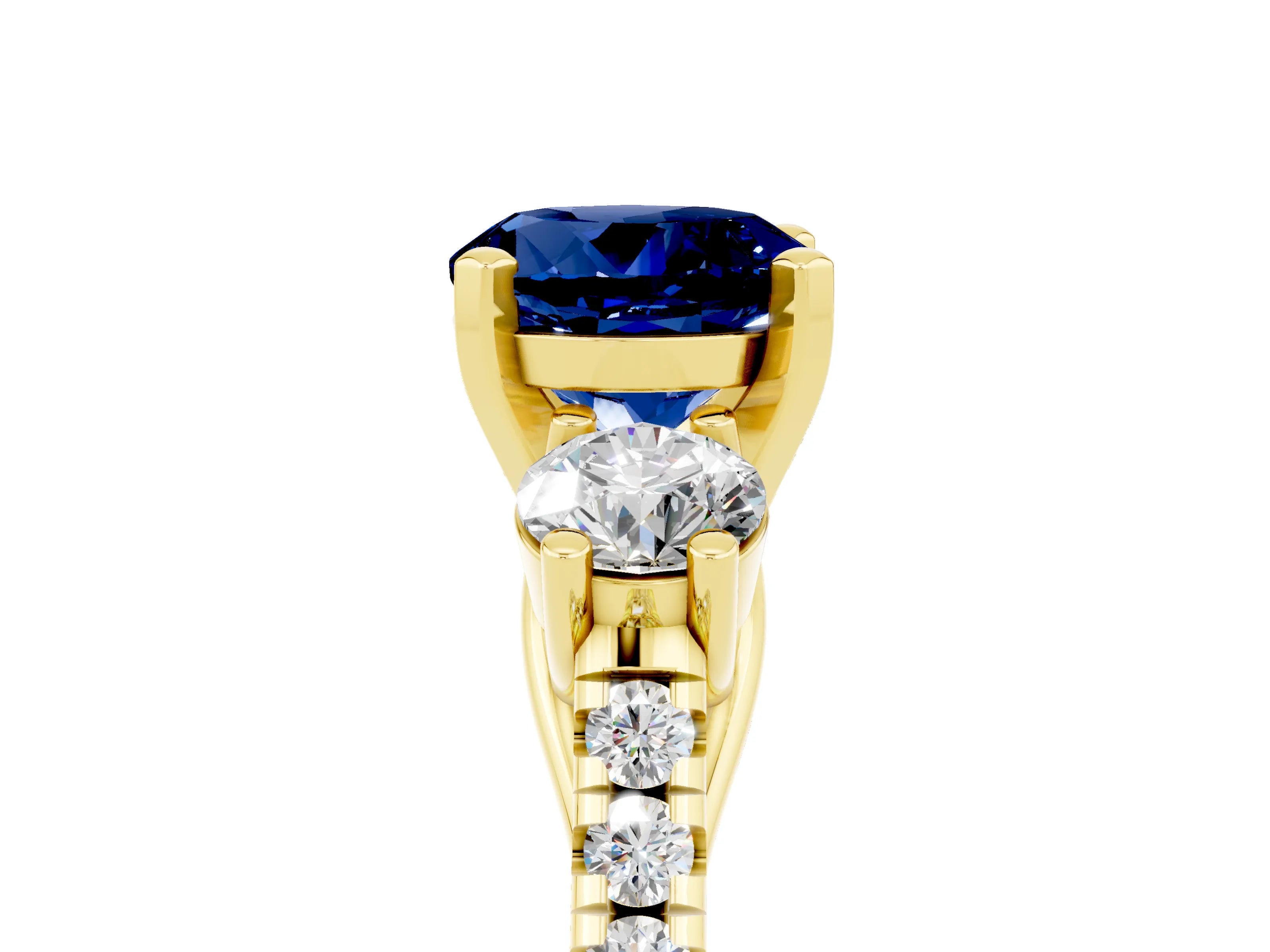 Yellow gold Three-Stone Round Cut Blue Sapphire Pavé Band with Four-Prong Setting_5