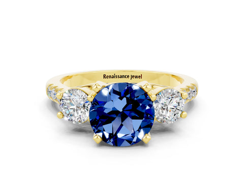 Yellow gold Three-Stone Round Cut Blue Sapphire Pavé Band with Four-Prong Setting