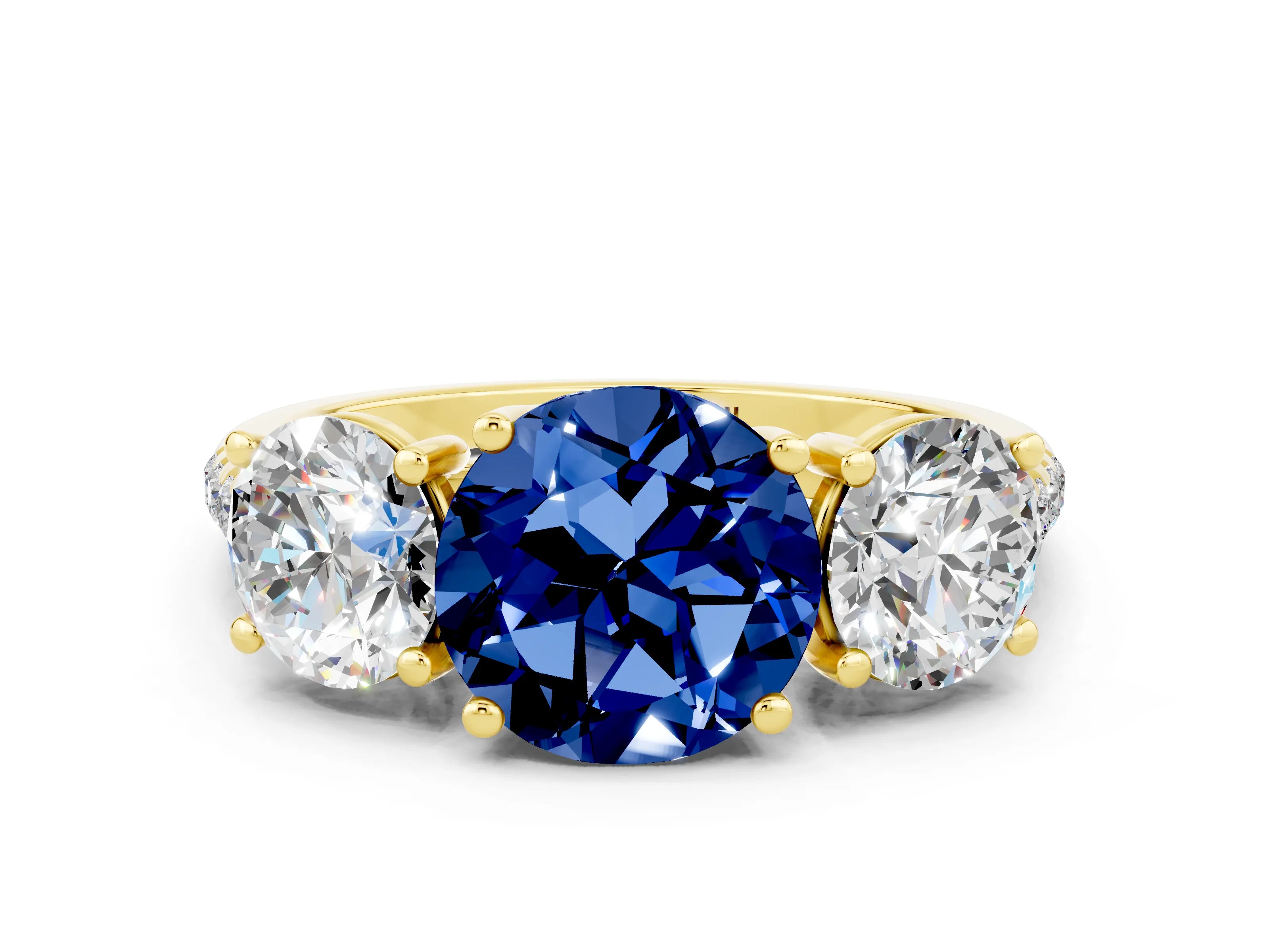 Yellow gold Three-Stone Round Cut Blue Sapphire Ring with Pavé Band and Prong Setting_12