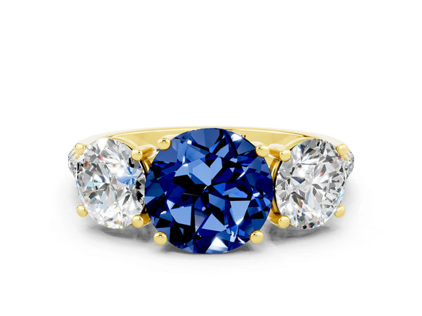 Yellow gold Three-Stone Round Cut Blue Sapphire Ring with Round  Pavé Band and Prong Setting