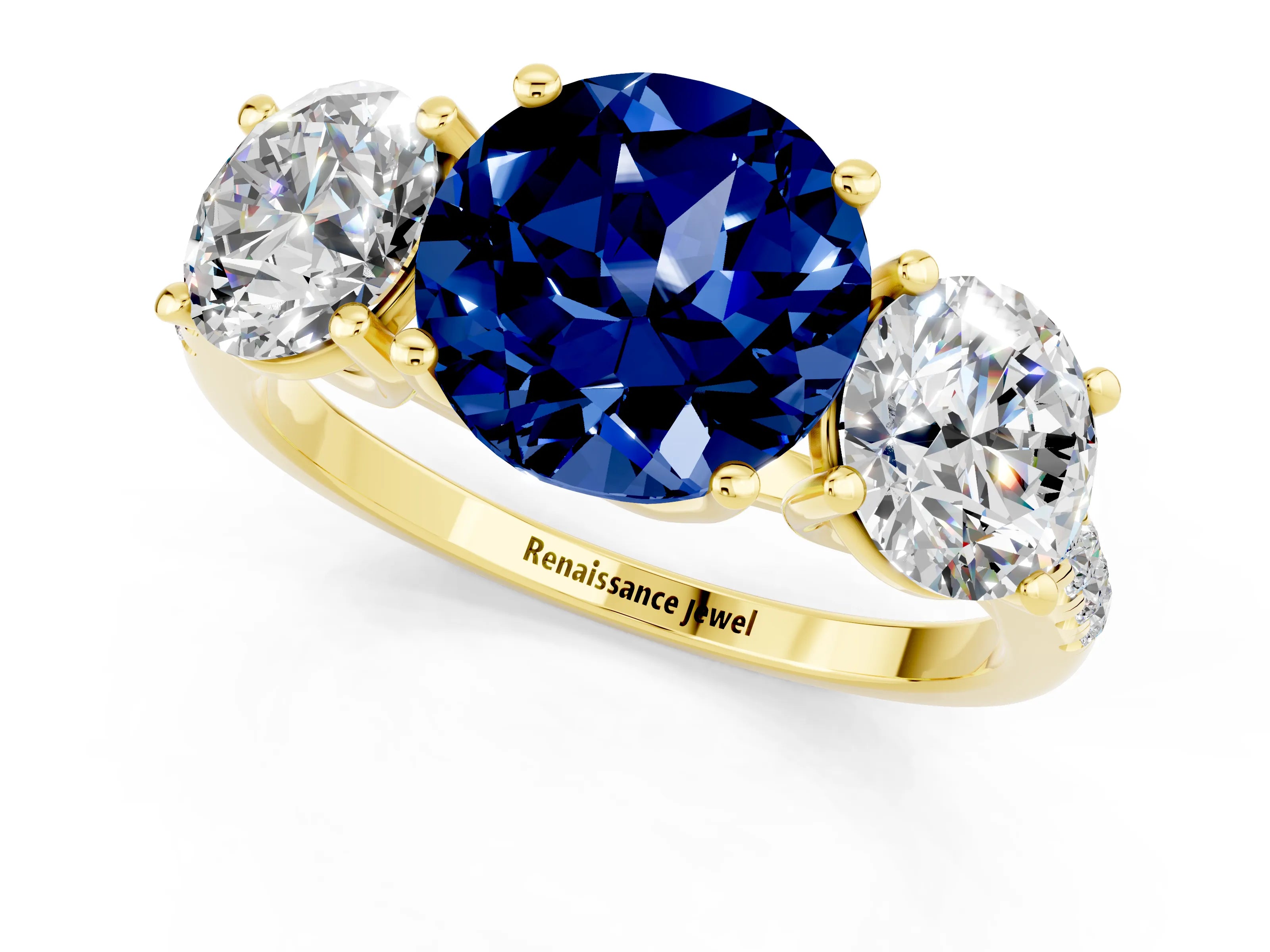 Yellow gold Three-Stone Round Cut Blue Sapphire Ring with Pavé Band and Prong Setting_13