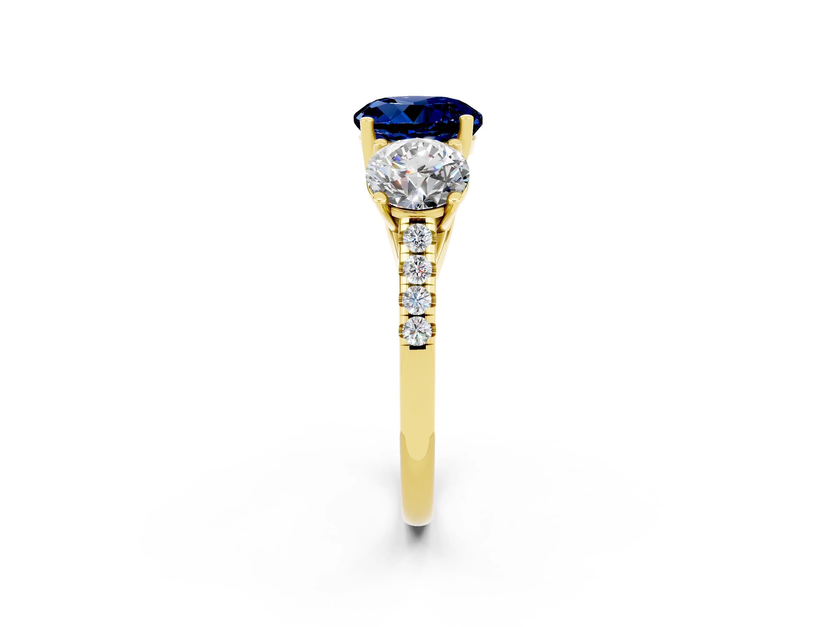 Yellow gold Three-Stone Round Cut Blue Sapphire Ring with Pavé Band and Prong Setting_14