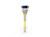 Yellow gold Three-Stone Round Cut Blue Sapphire Ring with Pavé Band and Prong Setting_14