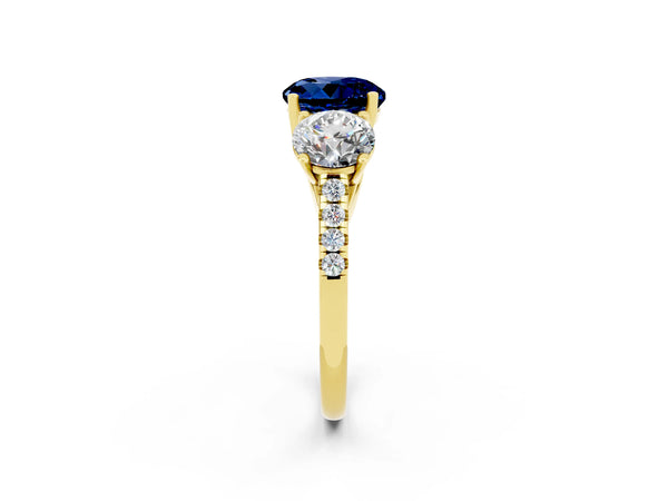 Yellow gold Three-Stone Round Cut Blue Sapphire Ring with Round  Pavé Band and Prong Setting