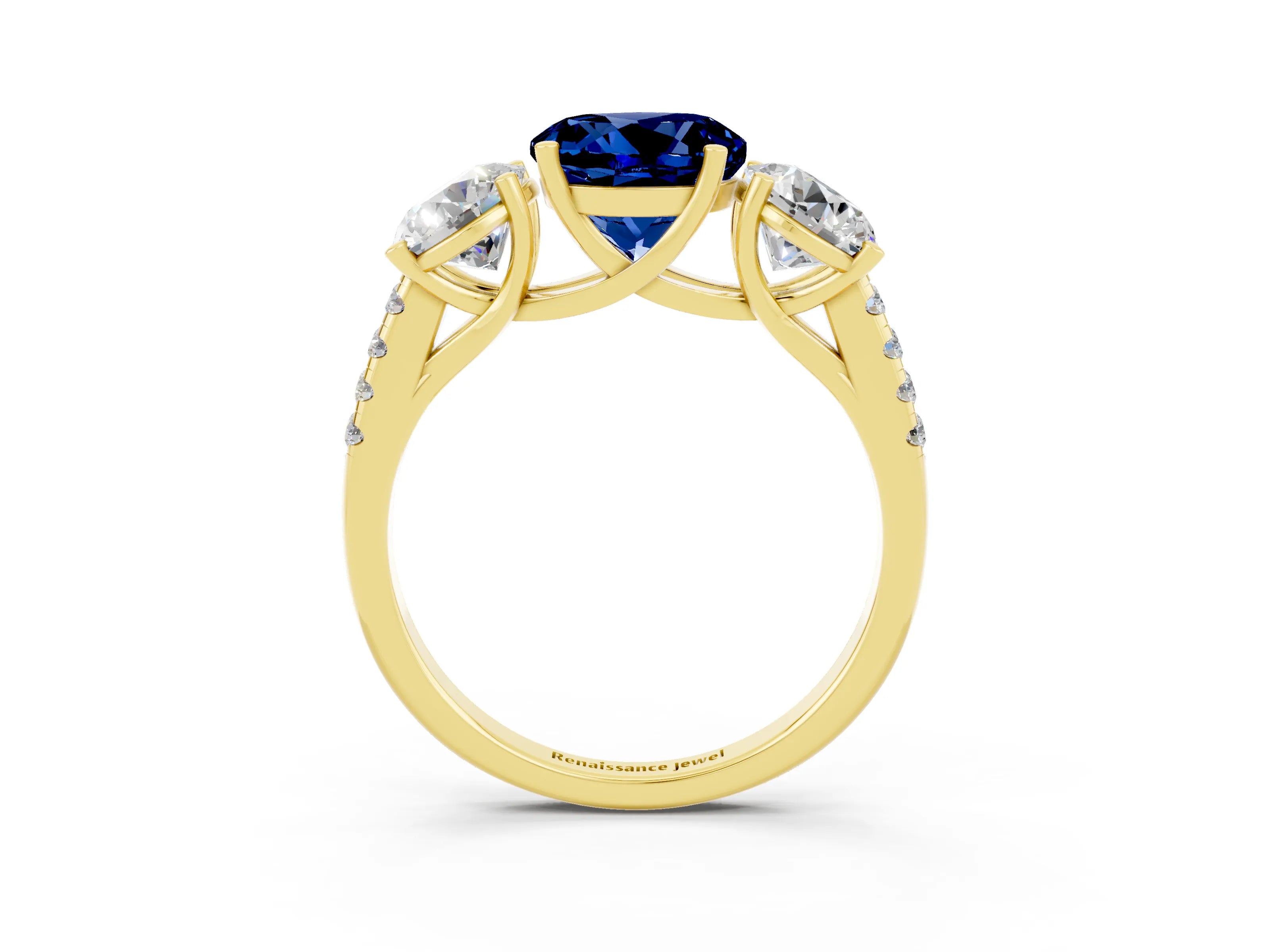 Yellow gold Three-Stone Round Cut Blue Sapphire Ring with Pavé Band and Prong Setting_15