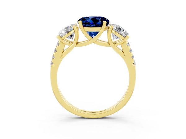 Yellow gold Three-Stone Round Cut Blue Sapphire Ring with Round  Pavé Band and Prong Setting