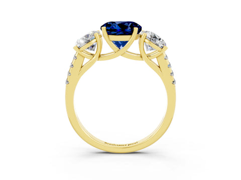 Yellow gold Three-Stone Round Cut Blue Sapphire Ring with Pavé Band and Prong Setting_15
