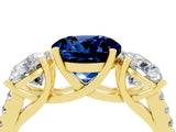 Yellow gold Three-Stone Round Cut Blue Sapphire Ring with Pavé Band and Prong Setting_16