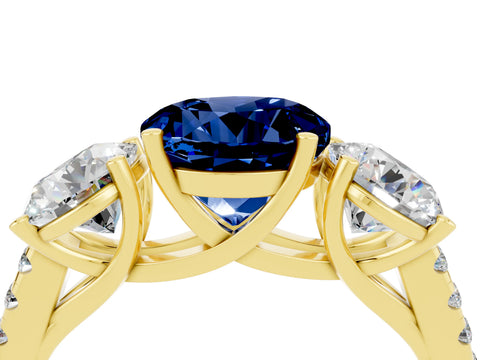 Yellow gold Three-Stone Round Cut Blue Sapphire Ring with Pavé Band and Prong Setting_16