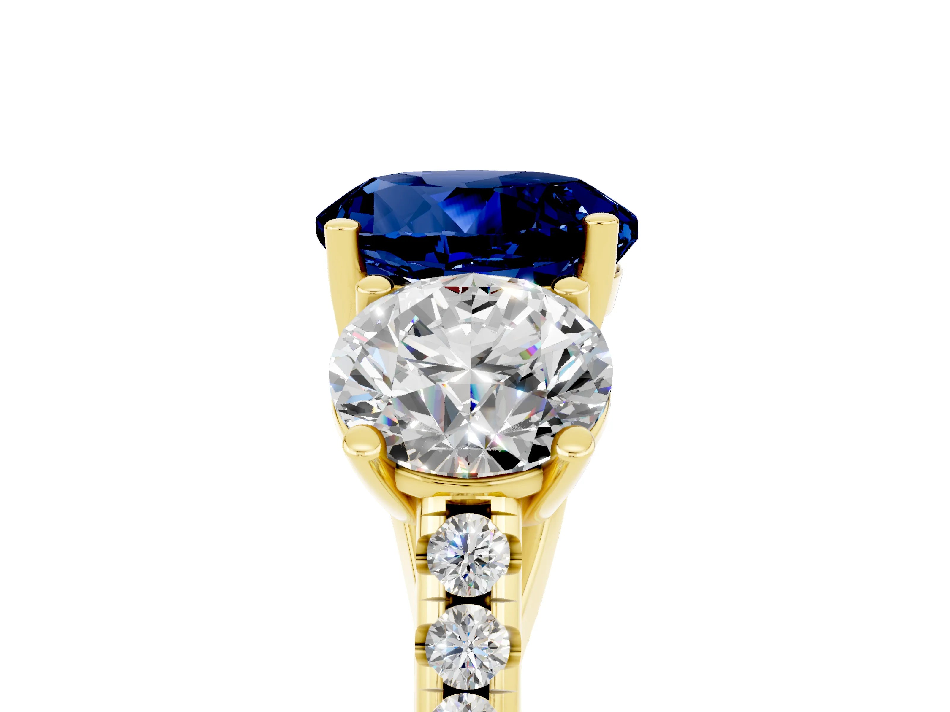 Yellow gold Three-Stone Round Cut Blue Sapphire Ring with Pavé Band and Prong Setting_17