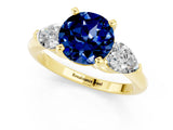 Yellow gold Three-Stone Round Cut Blue Sapphire Ring with Pear Side Stones and Four-Prong Setting_1