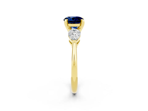 Yellow gold Three-Stone Round Cut Blue Sapphire Ring with Pear Side Stones and Four-Prong Setting_2