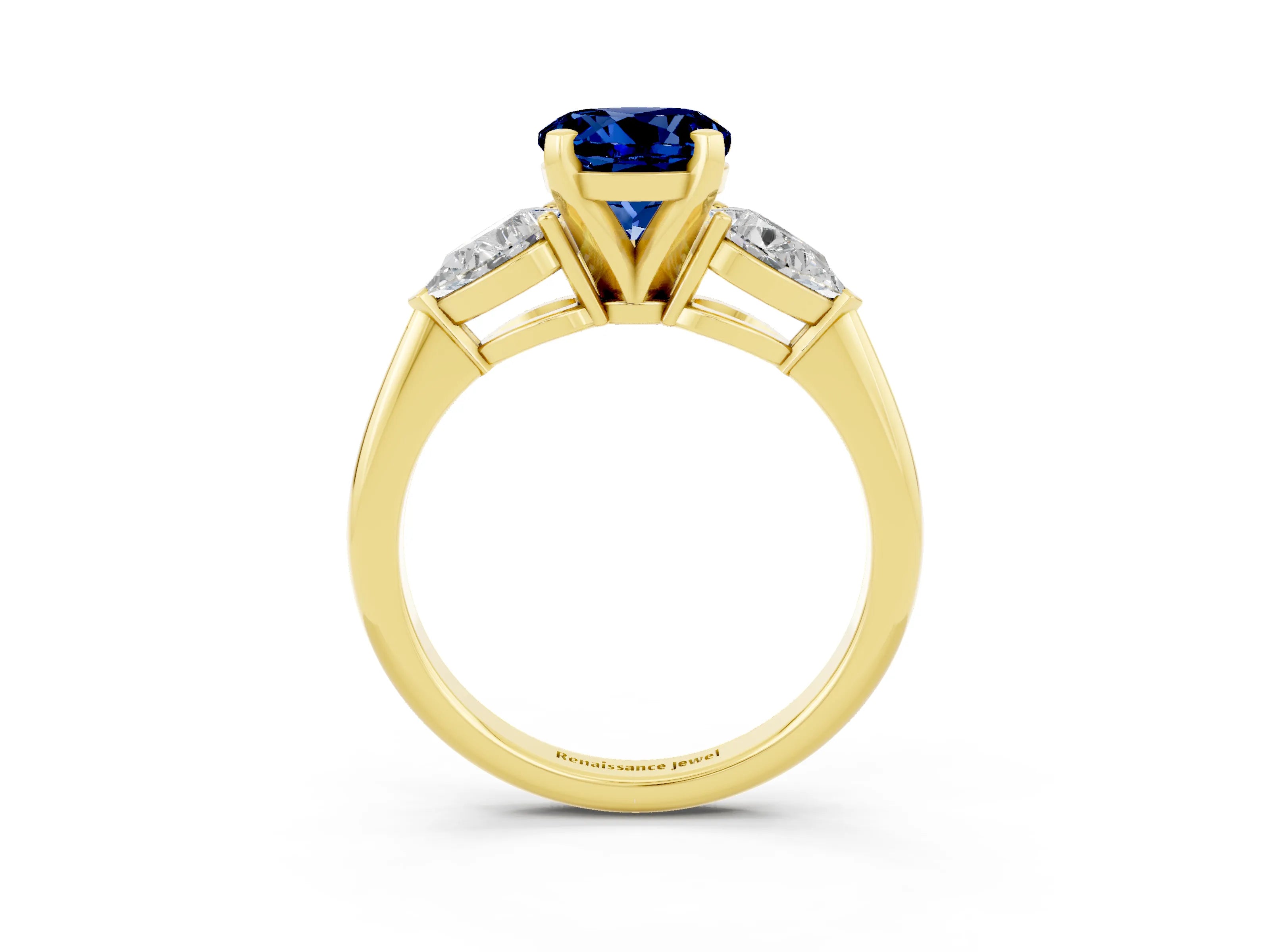Yellow gold Three-Stone Round Cut Blue Sapphire Ring with Pear Side Stones and Four-Prong Setting_3