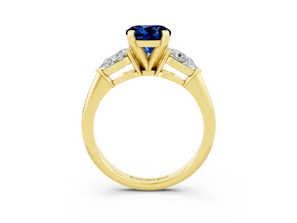 Yellow gold Three-Stone Round Cut Blue Sapphire Ring with Pear Side Stones and Four-Prong Setting