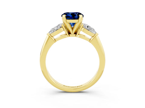 Yellow gold Three-Stone Round Cut Blue Sapphire Ring with Pear Side Stones and Four-Prong Setting_3