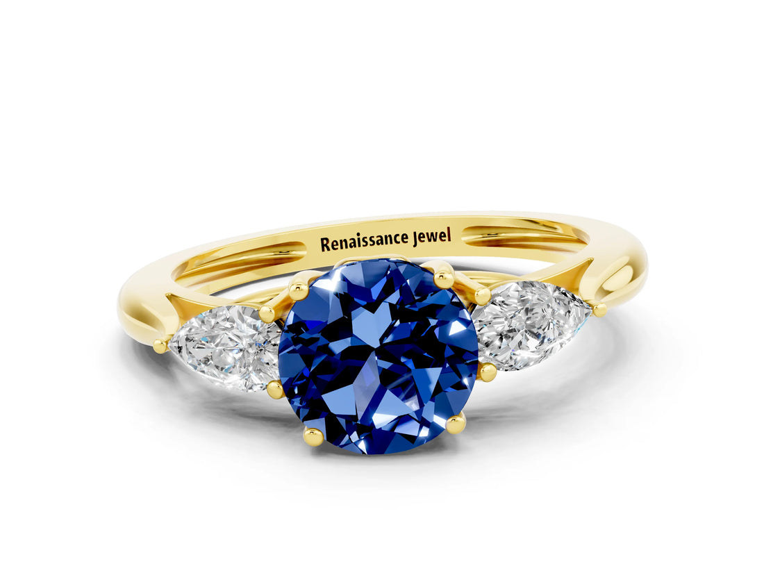 Yellow gold Three-Stone Round Cut Blue Sapphire Ring with Pear  Side Stones in Four-Prong Setting_12