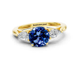 Yellow gold Three-Stone Round Cut Blue Sapphire Ring with Pear  Side Stones in Four-Prong Setting_12