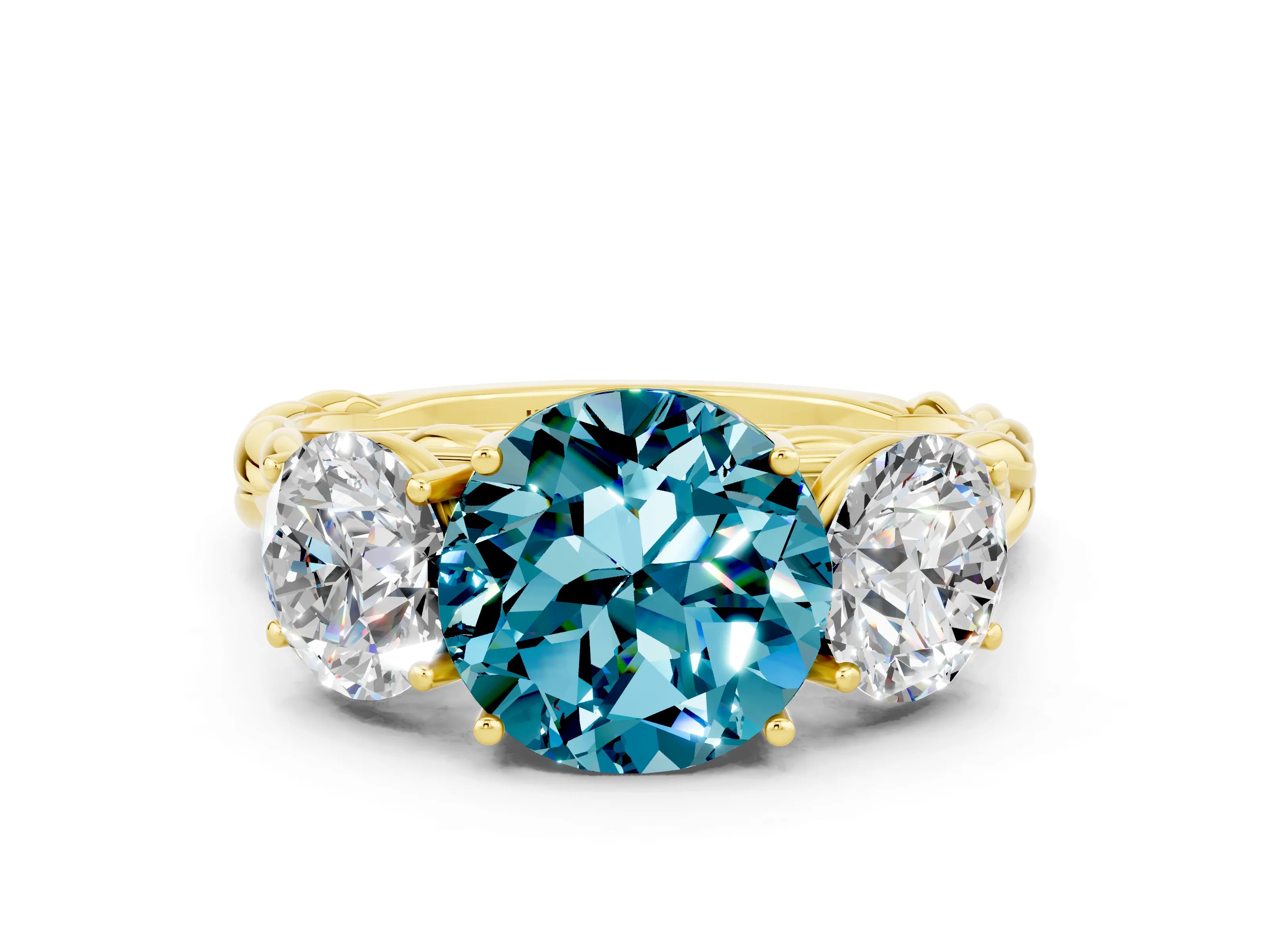 Yellow gold Three-Stone Round Cut Blue Topaz Braided Band Ring with Four-Prong Setting_12