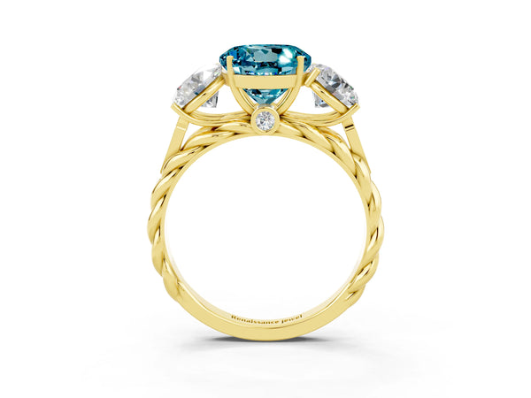 Yellow gold Three-Stone Round Cut Blue Topaz Braided Band Ring with Four-Prong Setting