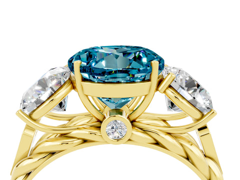 Yellow gold Three-Stone Round Cut Blue Topaz Braided Band Ring with Four-Prong Setting_16