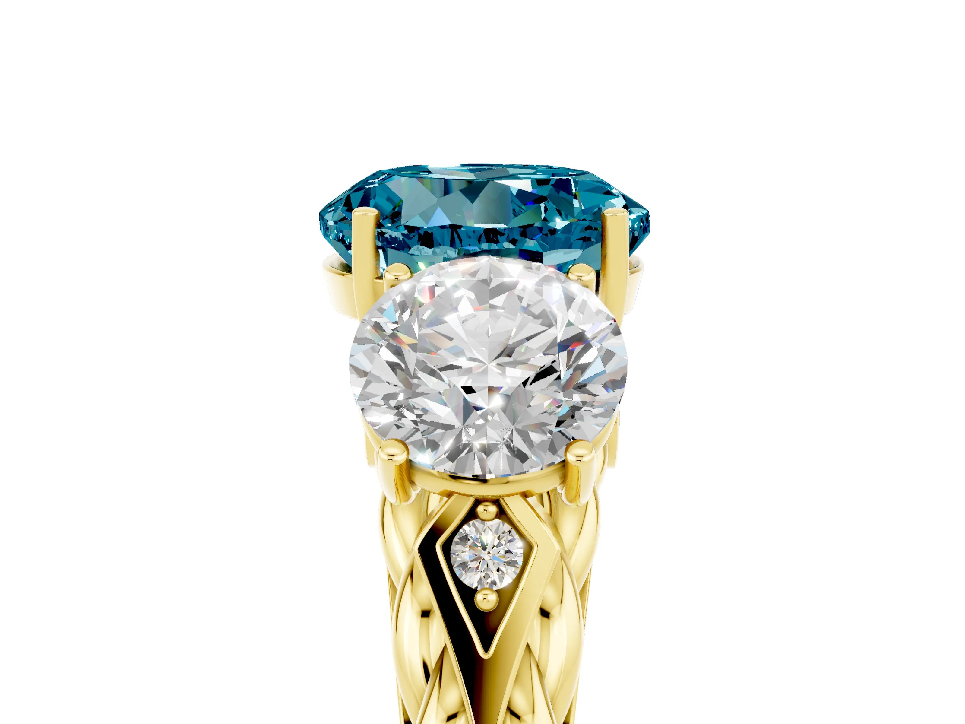 Yellow gold Three-Stone Round Cut Blue Topaz Braided Band Ring with Four-Prong Setting_17