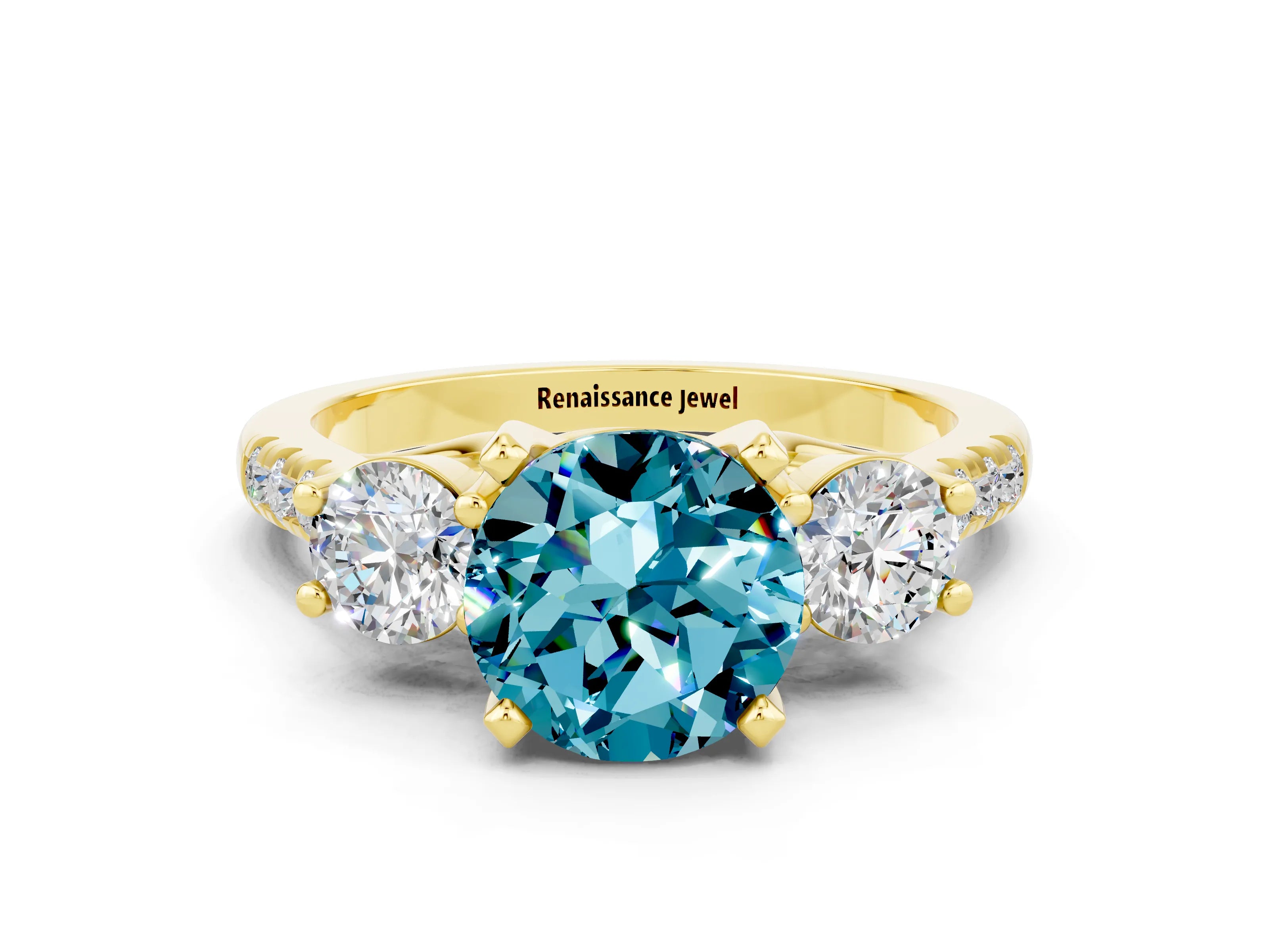Yellow gold Three-Stone Round Cut Blue Topaz Pavé Band with Four-Prong Setting